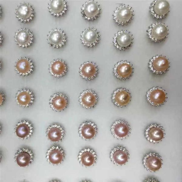 Fashion Jewelry 7-8mm Natural Freshwater Pearl Earrings Stud 925 Silver Zircon Earrings