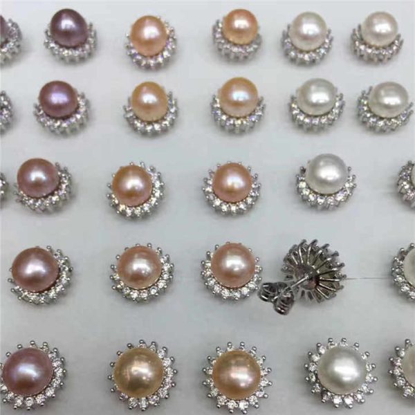 Fashion Jewelry 7-8mm Natural Freshwater Pearl Earrings Stud 925 Silver Zircon Earrings