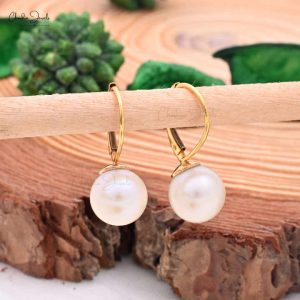 Natural Pearl Dangling Earrings 14k Yellow Gold Minimalist Jewelry 9mm Pearl Round Ball Gemstone Earring Manufacturer Wholesaler