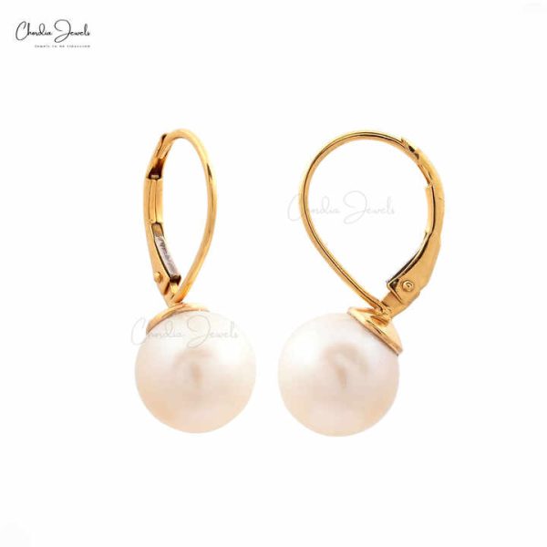 Natural Pearl Dangling Earrings 14k Yellow Gold Minimalist Jewelry 9mm Pearl Round Ball Gemstone Earring Manufacturer Wholesaler
