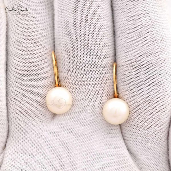 Natural Pearl Dangling Earrings 14k Yellow Gold Minimalist Jewelry 9mm Pearl Round Ball Gemstone Earring Manufacturer Wholesaler