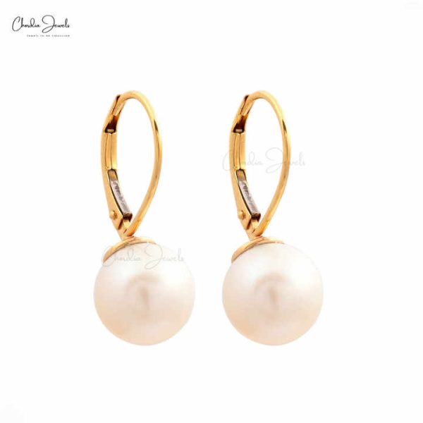 Natural Pearl Dangling Earrings 14k Yellow Gold Minimalist Jewelry 9mm Pearl Round Ball Gemstone Earring Manufacturer Wholesaler