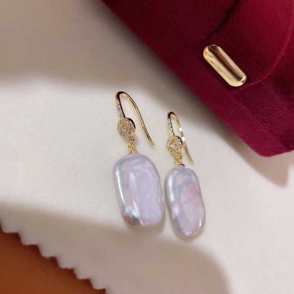 New S925 Pure Silver Needle Colorful Square Baroque Earrings Natural Freshwater Pearl Earrings Green Agate Vintage Earrings