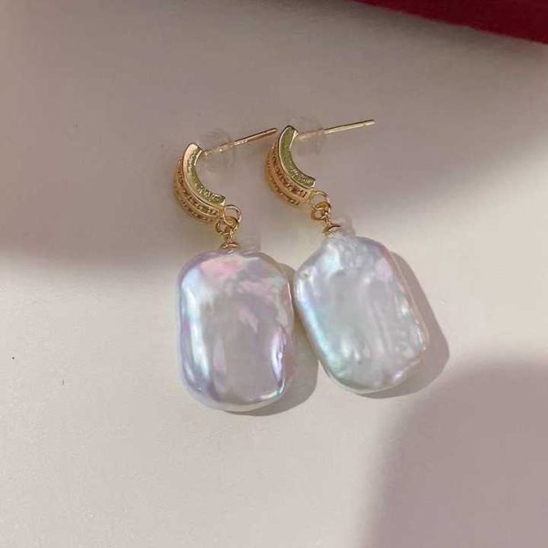 New S925 Pure Silver Needle Colorful Square Baroque Earrings Natural Freshwater Pearl Earrings Green Agate Vintage Earrings