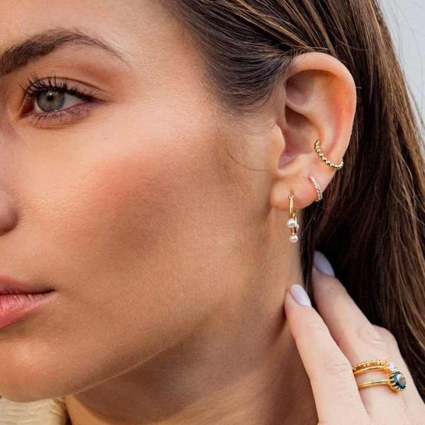Fashion 925 Silver Trendy Modern Minimalist Freshwater Pearl Hoop Earrings 18K Gold Plated