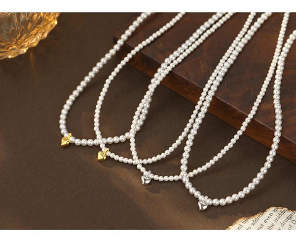 Dropshipping Gift CJH Silver Gift Jewelry Pearl Necklace for Women Xia Simple Heart Shaped Small Gold Bean Retro Clavicle Chain