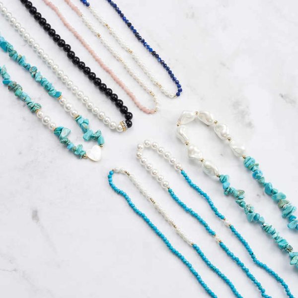 INS Style Irregular Natural Turquoise Freshwater Pearl Beaded Necklaces Set 925 Sterling Silver Collarbone Necklace for Women