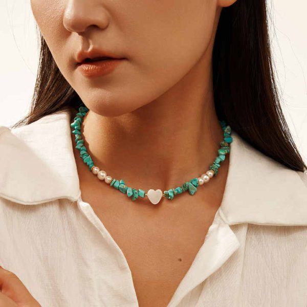 INS Style Irregular Natural Turquoise Freshwater Pearl Beaded Necklaces Set 925 Sterling Silver Collarbone Necklace for Women