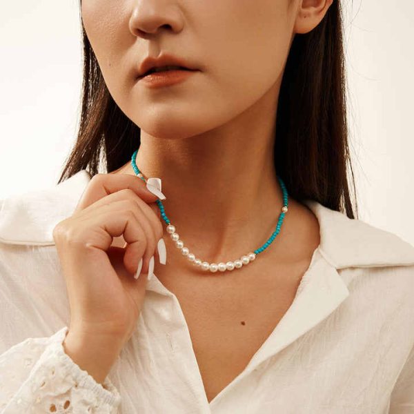 INS Style Irregular Natural Turquoise Freshwater Pearl Beaded Necklaces Set 925 Sterling Silver Collarbone Necklace for Women