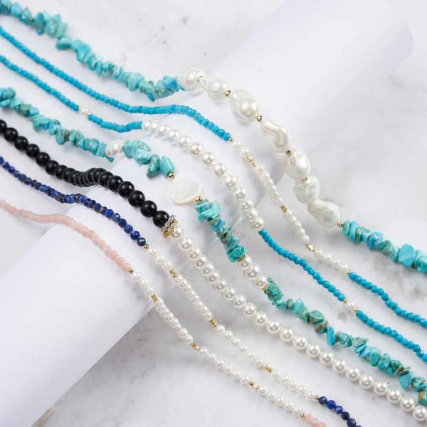 INS Style Irregular Natural Turquoise Freshwater Pearl Beaded Necklaces Set 925 Sterling Silver Collarbone Necklace for Women