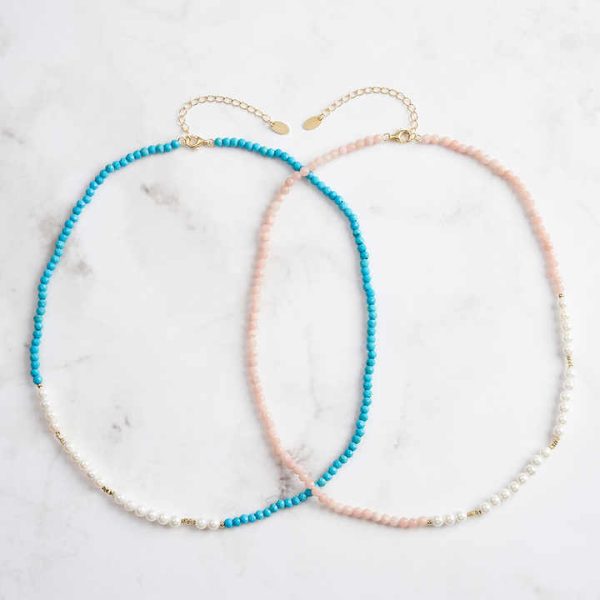 INS Style Irregular Natural Turquoise Freshwater Pearl Beaded Necklaces Set 925 Sterling Silver Collarbone Necklace for Women