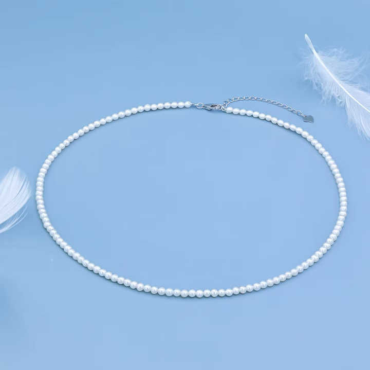 High Quality 3-4mm White Natural Freshwater Real Pearl String Necklace 925 Silver Clasp Fashion Pearl Necklace