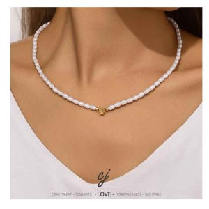 Topsale Minimalist 925 Sterling Silver Beaded Chain Necklace Rice Pearl Necklace Star 18K Gold Plated Jewelry