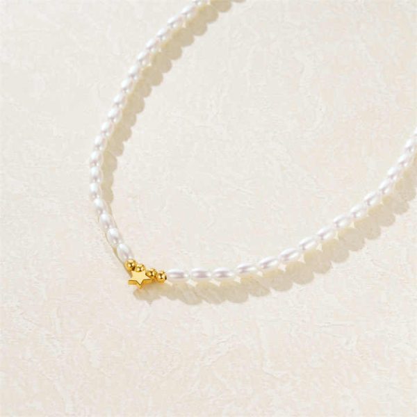 Topsale Minimalist 925 Sterling Silver Beaded Chain Necklace Rice Pearl Necklace Star 18K Gold Plated Jewelry