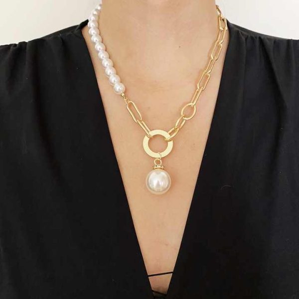 Fashion Asymmetry Pearl With Thick Chain Necklace for Women Trendy Coin Pendant Necklaces on the Neck Jewelry