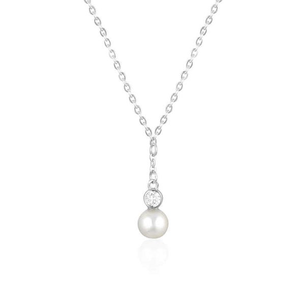 Elegant Fancy Classical Pure 925 Sterling Silver Zircon Single Round Pearl Pendant Necklace for Women Girls Jewelry