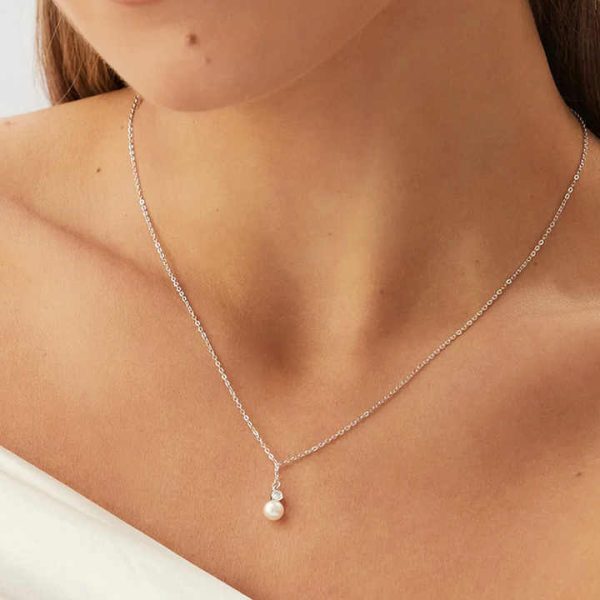Elegant Fancy Classical Pure 925 Sterling Silver Zircon Single Round Pearl Pendant Necklace for Women Girls Jewelry
