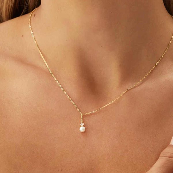 Elegant Fancy Classical Pure 925 Sterling Silver Zircon Single Round Pearl Pendant Necklace for Women Girls Jewelry