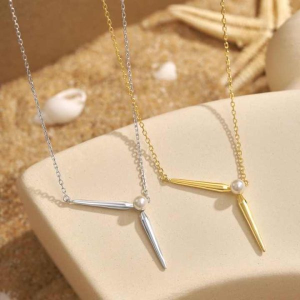 Elegant Women Fine Jewelry Exclusive Minimalist Design S925 Silver Strip Geometric Shell Pearl Pendant Necklace