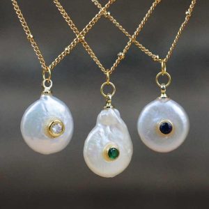 -T422 Natural Freshwater Pearl Necklace with Round CZ Pave Pendant Necklace Fashion Thin Chain Pearl Necklace