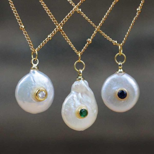 -T422 Natural Freshwater Pearl Necklace with Round CZ Pave Pendant Necklace Fashion Thin Chain Pearl Necklace