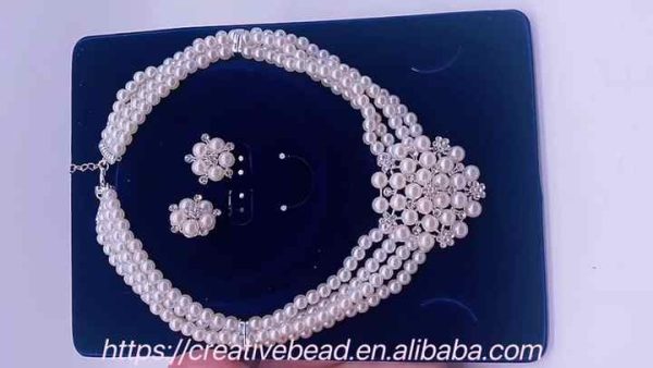Elegant Silver Plated Flower Pearl Necklace and Earrings Set for Bridal Wedding Jewelry