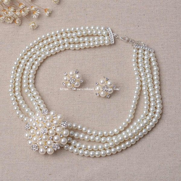 2025 Hot Sale Silver Plated Metal Flower Pearl Necklace and Earrings Set Fashion Bridal Jewelry with Elegant in Style