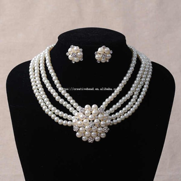 2025 Hot Sale Silver Plated Metal Flower Pearl Necklace and Earrings Set Fashion Bridal Jewelry with Elegant in Style
