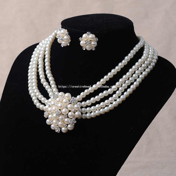 2025 Hot Sale Silver Plated Metal Flower Pearl Necklace and Earrings Set Fashion Bridal Jewelry with Elegant in Style