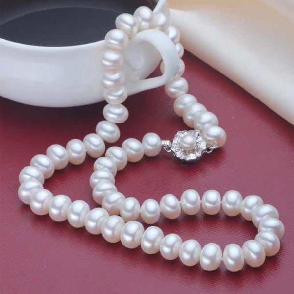 New Design 9mm White Pearl Necklace Vintage Freshwater Pearl Jewelry Bead String Necklaces for Women