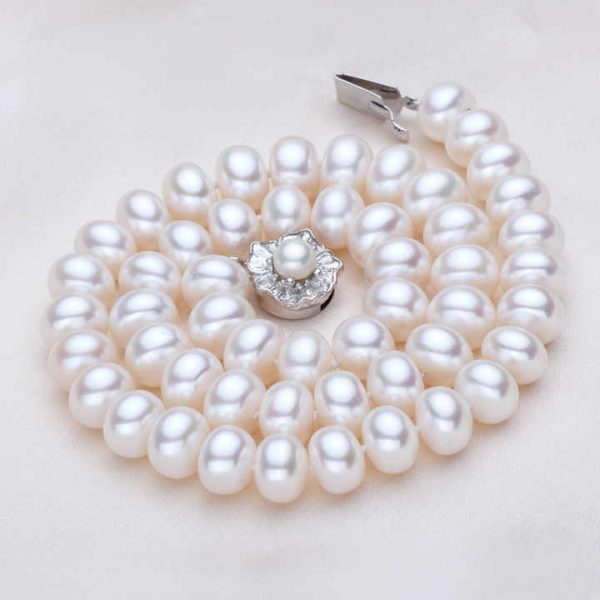 New Design 9mm White Pearl Necklace Vintage Freshwater Pearl Jewelry Bead String Necklaces for Women