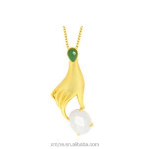 Certified S925 Silver Gold-Plated Natural Hetian Jade Pendant Palm Pearl Women's Jade Pendant Necklace Female Rich Hand Pendant
