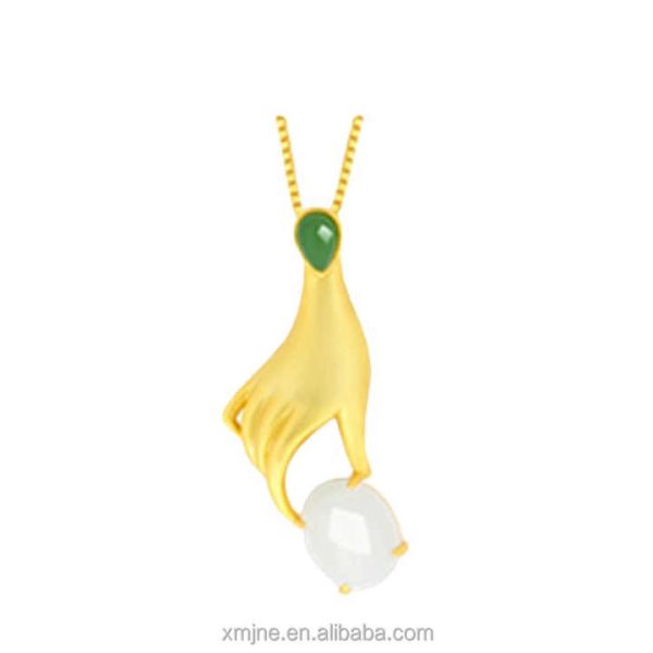 Certified S925 Silver Gold-Plated Natural Hetian Jade Pendant Palm Pearl Women's Jade Pendant Necklace Female Rich Hand Pendant