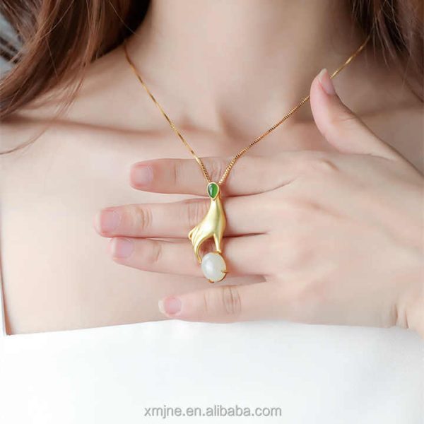 Certified S925 Silver Gold-Plated Natural Hetian Jade Pendant Palm Pearl Women's Jade Pendant Necklace Female Rich Hand Pendant