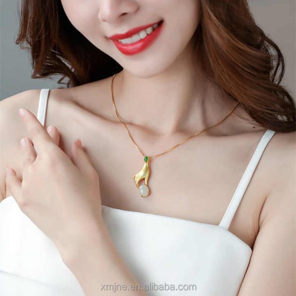 Certified S925 Silver Gold-Plated Natural Hetian Jade Pendant Palm Pearl Women's Jade Pendant Necklace Female Rich Hand Pendant