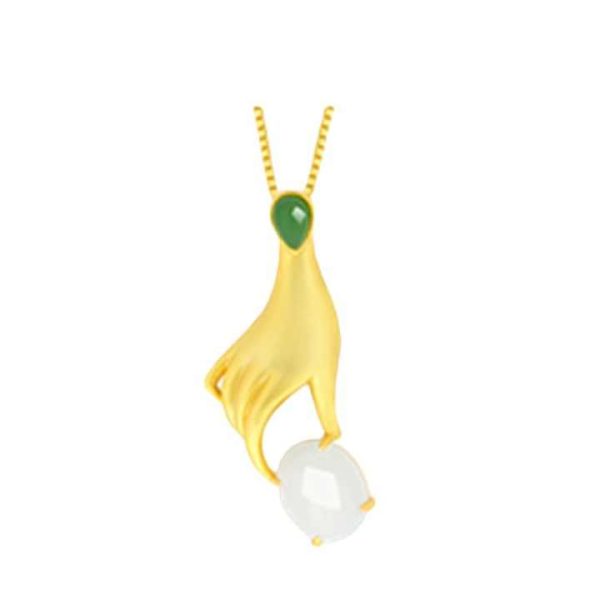 Certified S925 Silver Gold-Plated Natural Hetian Jade Pendant Palm Pearl Women's Jade Pendant Necklace Female Rich Hand Pendant
