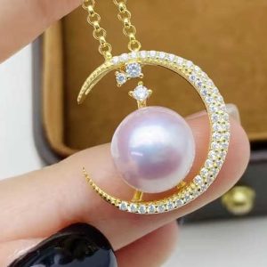 Moon Shape Girls Fashionable Real Freshwater Natural 925 Silver Angel Pearl Pendant Necklace