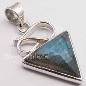 Luxury Women's 925 Sterling Silver 1.5 Inch Triangle Pendant Faceted Blue Fire Labradorite Diamond Pearl Main