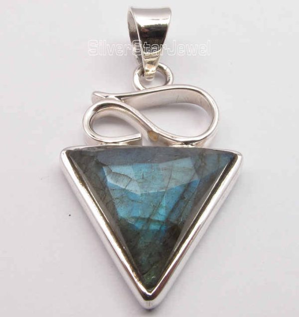 Luxury Women's 925 Sterling Silver 1.5 Inch Triangle Pendant Faceted Blue Fire Labradorite Diamond Pearl Main