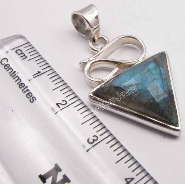 Luxury Women's 925 Sterling Silver 1.5 Inch Triangle Pendant Faceted Blue Fire Labradorite Diamond Pearl Main