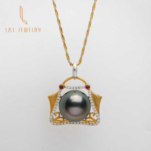 New Luxury Creative Design 18K Gold Seawater Tahiti Black Pearl Pendant Diamond Ruby Handbag Necklace Gift Jewelry Sets Party