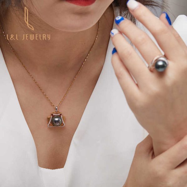 New Luxury Creative Design 18K Gold Seawater Tahiti Black Pearl Pendant Diamond Ruby Handbag Necklace Gift Jewelry Sets Party