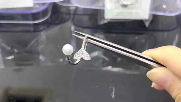925 Sterling Silver Mermaid Tail Pearl Ring Adjustable Zircon Accent Engagement Wedding Jewelry