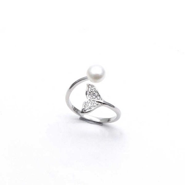Unique Mermaid Tail Pearl Ring Opening Adjustable Zircon Ring 925 Sterling Silver