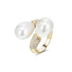 925 Sterling Silver Adjustable Double Pearl Ring for Women Sparkling Zircon Engagement Anniversary Fine Jewelry