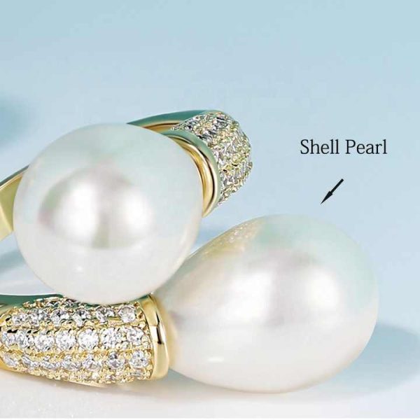 925 Sterling Silver Adjustable Double Pearl Ring for Women Sparkling Zircon Engagement Anniversary Fine Jewelry