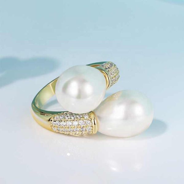 925 Sterling Silver Adjustable Double Pearl Ring for Women Sparkling Zircon Engagement Anniversary Fine Jewelry