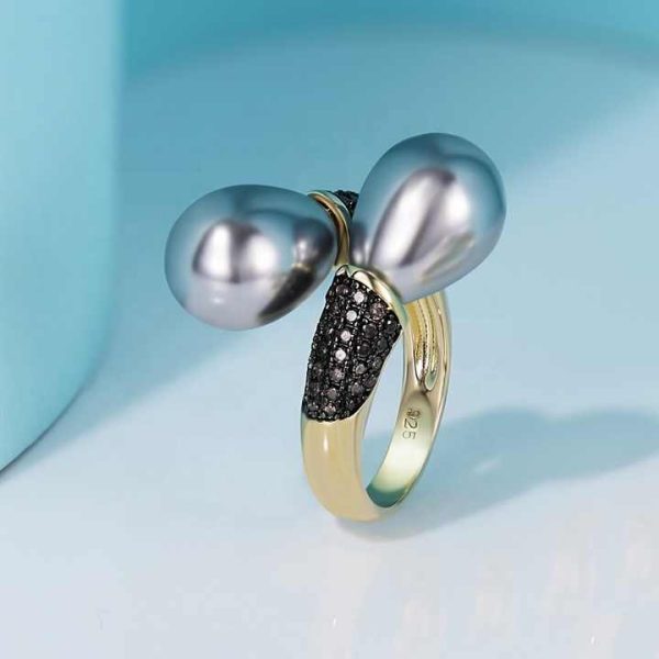 925 Sterling Silver Adjustable Double Pearl Ring for Women Sparkling Zircon Engagement Anniversary Fine Jewelry