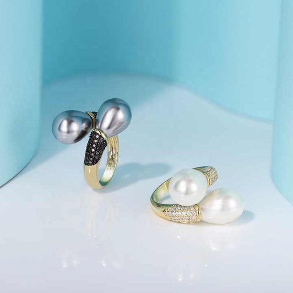 925 Sterling Silver Adjustable Double Pearl Ring for Women Sparkling Zircon Engagement Anniversary Fine Jewelry