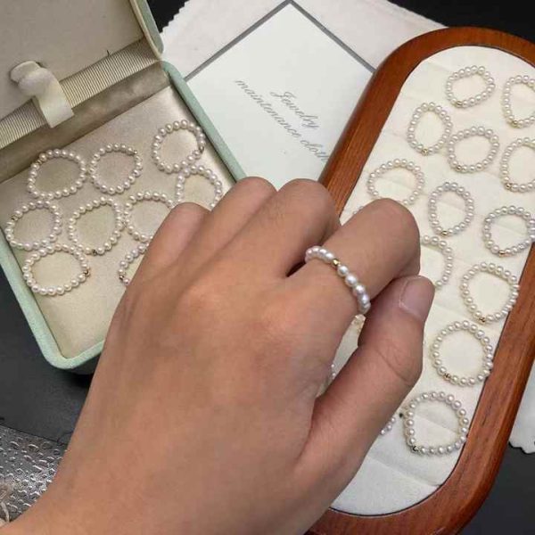 3-3.5mm Freshwater Intense Light Nearly Round Baby Pearl Ring With 18k Gold Laser Beads